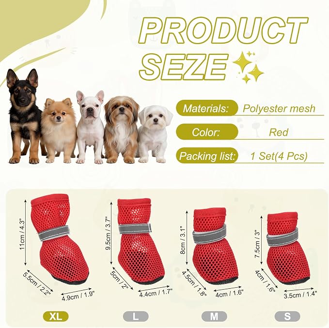 Dog Boots Paw Protector, Reflective Adjustable Non Slip Mesh Summer Breathable Dog Shoes Dog Walking Boots (XL Size, Red, 4 Pcs) Intended for Paws Waterproof for Dogs/Cat/Puppy