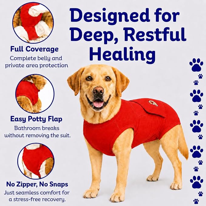 SurgiSnuggly Veterinary Invented Dog Surgical Recovery Suit for Female Spay or Male Dogs Neuters Onesie,Cone Alternative, Original Onesie Bodysuit for After Surgery Small, Medium, Large Dogs XLL Red