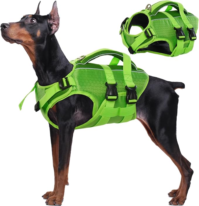 Kuoser Dog Life Jacket, High Flotation Reflective Dog Life Vest, Green, XXL | Adjustable Dog Lifejackets for Small Medium Large Dogs, Lifevest with Rescue Handle for Swimming, Boating, Lake, Beach & Pool