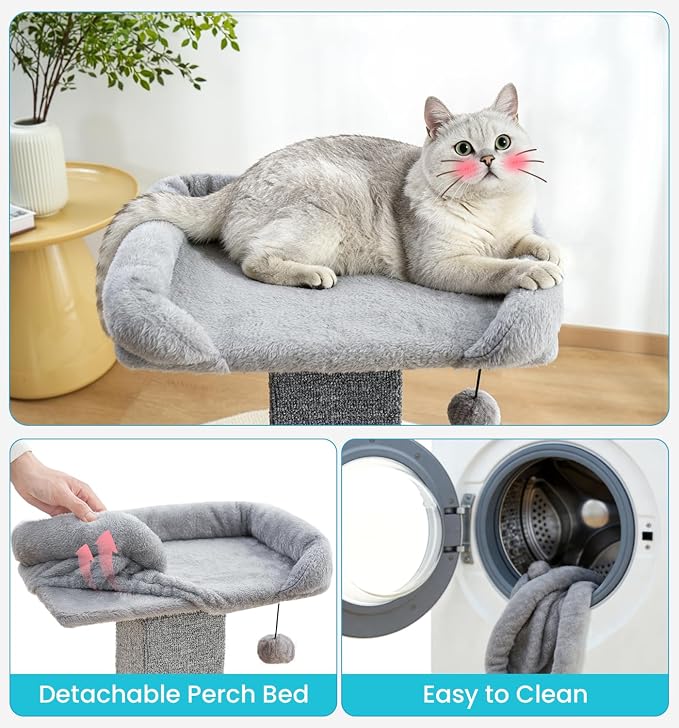 Made4Pets 32" Carpet Cat Scratching Post with Bed for Indoor Cats, Grey | Carpet Cat Scratcher, Raised Perch with Removable Washable Cover, Wide Base, Hanging Ball, Compact Indoor Design