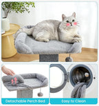 Made4Pets 32" Carpet Cat Scratching Post with Bed for Indoor Cats, Grey | Carpet Cat Scratcher, Raised Perch with Removable Washable Cover, Wide Base, Hanging Ball, Compact Indoor Design