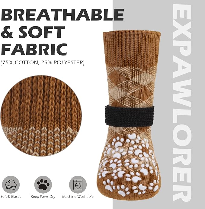 EXPAWLORER Dog Socks for Hot Pavement Summer to Prevent Licking Paws, Anti Slip Doggie Booties Grippy Shoes for Hardwood Floors, Boots & Paw Protectors for Small Medium Large Senior Dogs Khaki S
