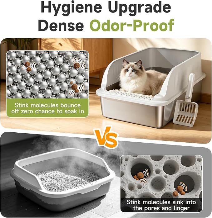 Stainless Steel Cat Litter Box with Lid, XL Metal High Sided Litter Box | Odor Free Open Top Litter Pan Easy Cleaning Anti-Urine Leakage Non-Stick Includes Scoop Light Grey