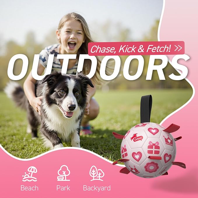 QDAN Valentines Gift Dog Toys, 8 Inch Dog Soccer Ball with Straps, Pink | Interactive Tug of War Toy, Puppy Birthday Gifts, Water Toy, Durable Dog Balls for Medium Large Dog, Outdoor Herding Balls