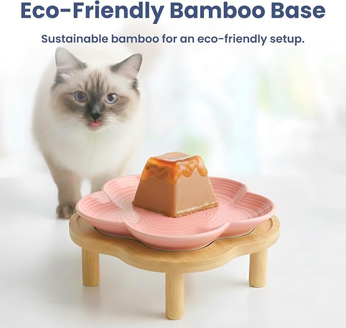 Flower Ceramic Feeding Cat Plate with Raised Bamboo Stand, Pink | Elevated Whisker-Friendly Pet Bowl, Anti-Slip Stable Design, Dishwasher Safe