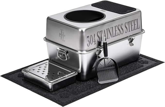 304 Stainless Steel Cat Litter Box, Fully Enclosed Leak-Proof & Rust-Proof Top-Entry XL Litter Box with Metal Scoop, Litter Mat, Side Clamps & Handles for Large Cats (Pure, X-Large)