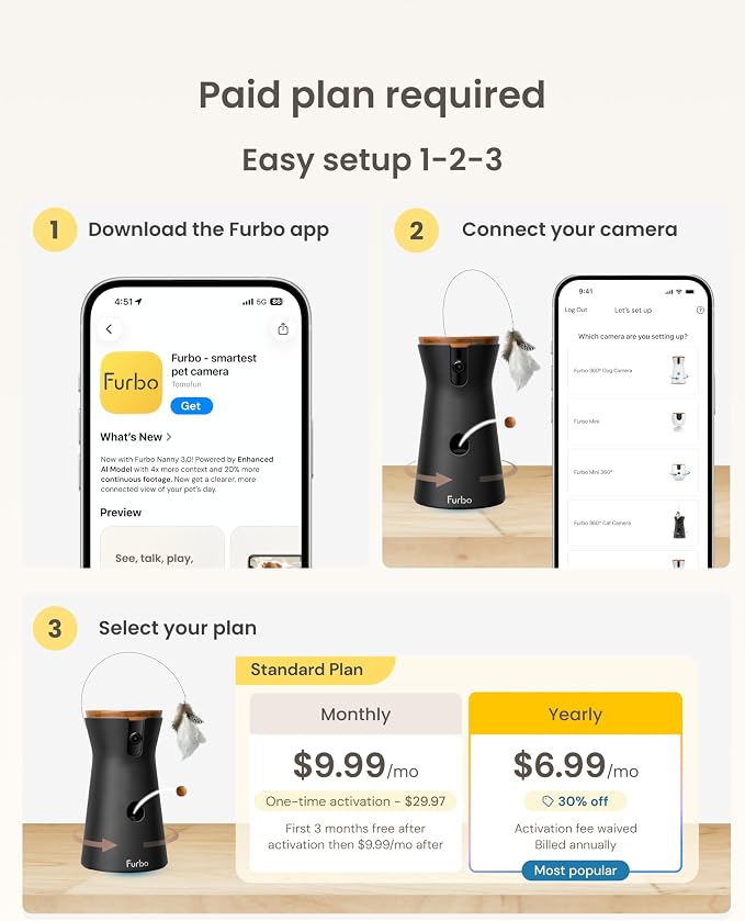 Furbo 360° Cat Camera [Paid Plan Required to Activate] | Stay connected with AI Cat & Home Safety Alerts, Auto-Tracking, Video History & 2-Way Audio. Paid Plan Required (3mo min)