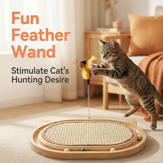 Sisal Cat Scratcher Toy with Ball Track Feather and Ball, Wooden Interactive Toy for Indoor Cats, Scratch Pad,Kitten Toys for Chasing Hunting Physical Exercise