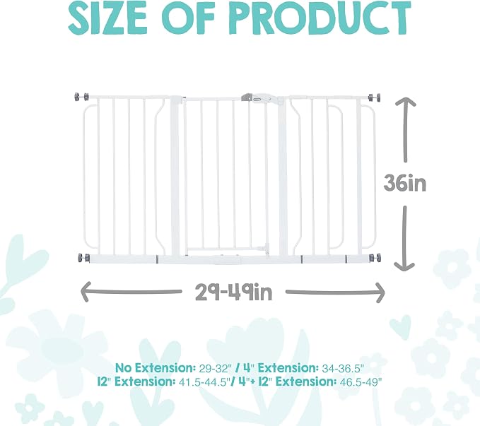 Regalo 36" Extra Tall and Wide Baby Gate, Bottom of Stairs & Doorways | Fits Openings 29"-49" Wide, Pressure Mounted with Door, For Babies, Toddlers & Pets, White