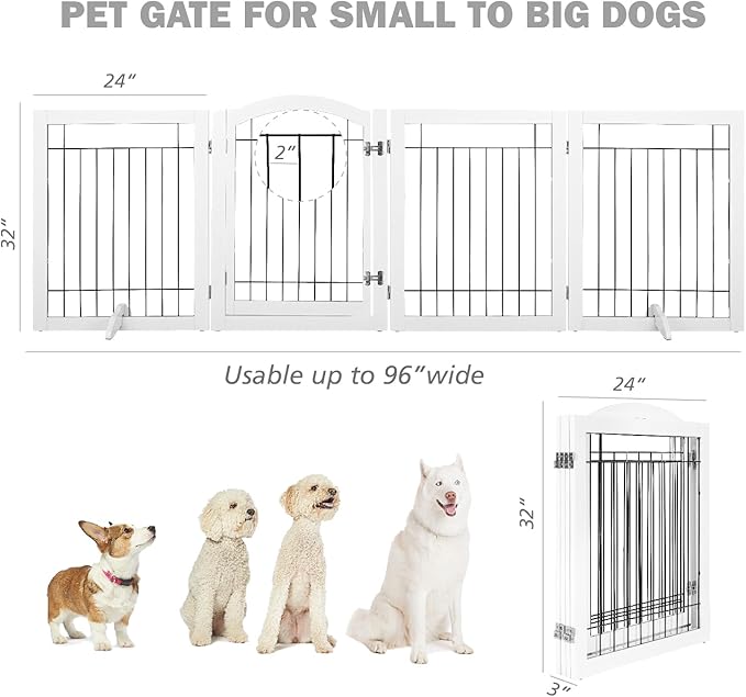 SPIRICH 96-inch Extra Wide 30-inches Tall Dog Gate with Door Walk Through, Freestanding Wire Pet Gate for The House, Doorway, Stairs, Pet Puppy Safety Fence, Support Feet Included (White)