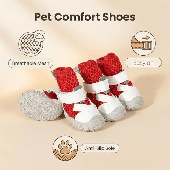 Dog Shoes for Small Dogs, Hot Pavement Summer Puppy Dog Boots & Paw Protectors with Soft Anti-Slip Rubber Sole, Mesh Breathable Dog Booties for Hardfloors, Walking Running 4 Pack (red, 2)