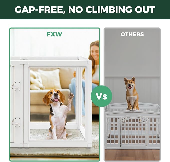 FXW AuraSpace Clear Acrylic Indoor Dog Playpen, 35" H, 16 Panels, White | Open View, Modern Home Fit, No Climbing Bars, Tool-Free Setup, For Medium Dogs