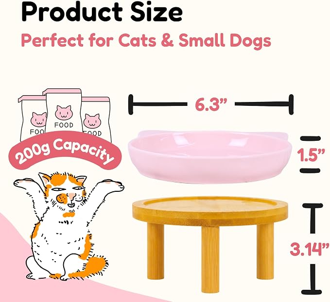 Elevated Ceramic Cat Bowls with Bamboo Stand for Cat Bowl, Whisker Friendly Shallow Cat Plate, Stable Raised Cat Food Riser for Indoor Cats (Pink, Set of 1)