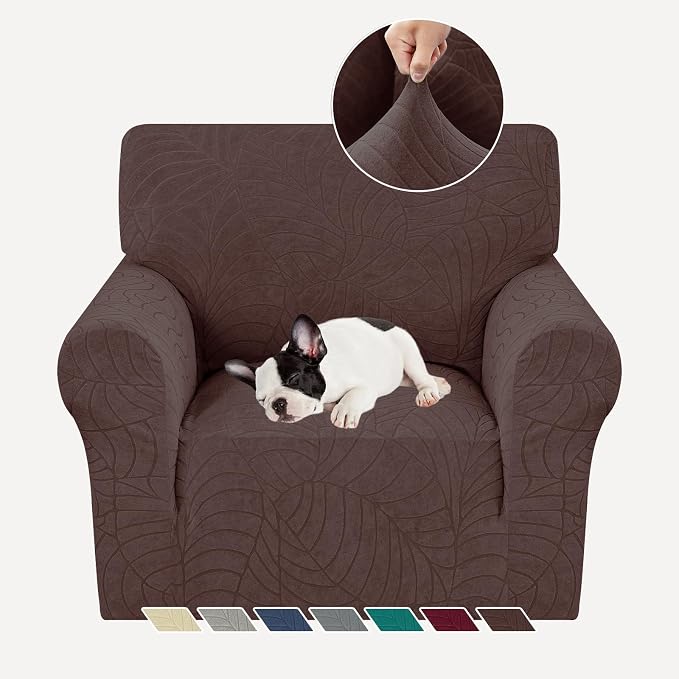 YEMYHOM Couch Cover Latest Jacquard Design High Stretch Sofa Chair Covers for Living Room, Pet Dog Cat Proof Armchair Slipcover Non Slip Magic Elastic Furniture Protector (Small, Begonia Leaf Coffee)