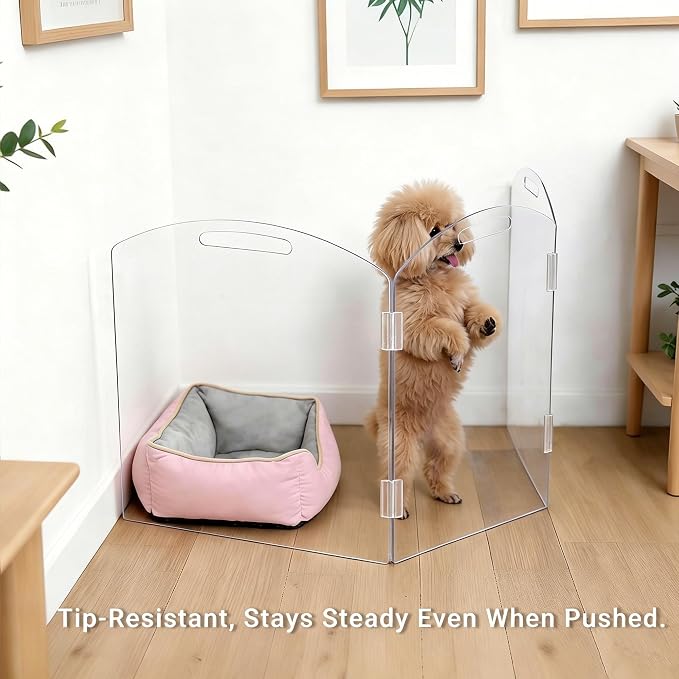 Clear Acrylic Freestanding Dog Gates for The House – Folding 3-Panels Pet Gates for Doorways,Indoor Stairs,and Hallways,No Assembly Transparent Barrier for Dogs,Puppies,and Cats