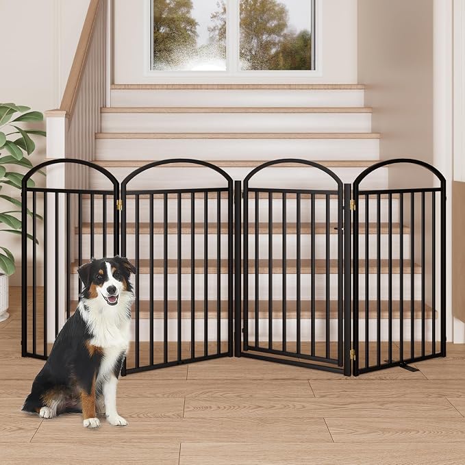 SNUOWU 4 Panels Full Matel Freestanding Dog Gates with Door, 96"Extra Wide 36"Tall Free Standing Dog Pet Gate for Indoor & Outdoor. Foldable Pet Fences for Doorways, House, Stairs, Porch, Deck, Yard