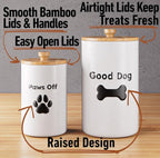 Dog Treat Container Airtight Set of 2, 9x5 & 7x4 inch Ceramic Jars. 11 Cups | Ceramic Dog Treat Jars, 2-piece set, Airtight Bamboo Lids, Rubber-Lined Lids, Raised Design, Over 11 Cups Combined Storage