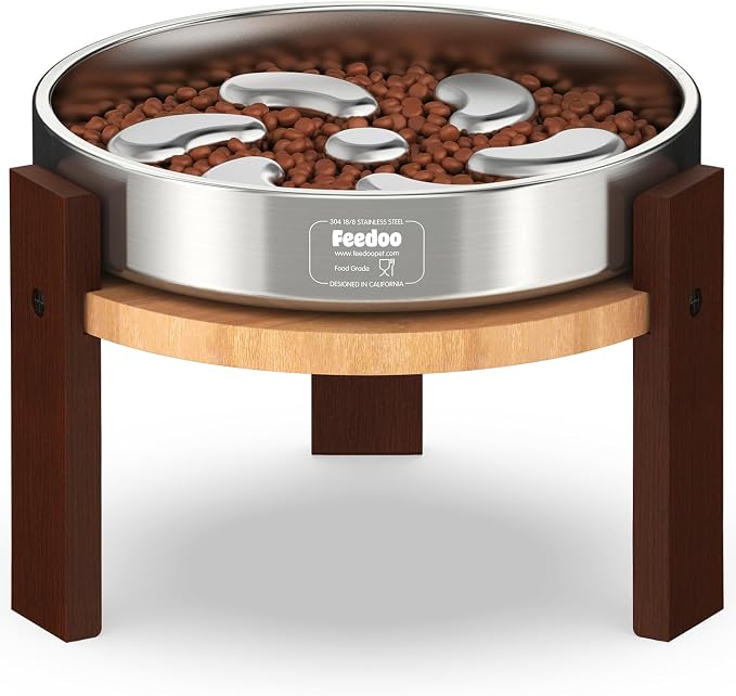 Elevated Dog Bowl Stand, 7'' Height Raised Stand for Large Dogs, Includes 3Cups Stainless Steel Slow Feeder Dog Bowl, Durable Solid Hardwood