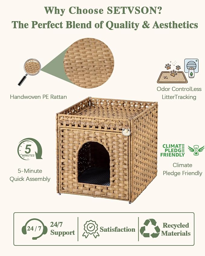 SETVSON Cat Litter Box Enclosure Furniture, Hidden PE Rattan, Natural | PE Rattan Kitty House with Top Fence, Fits Standard Litter Box, Included Litter Mat, 2 S-Hooks, Sturdy Metal Frame