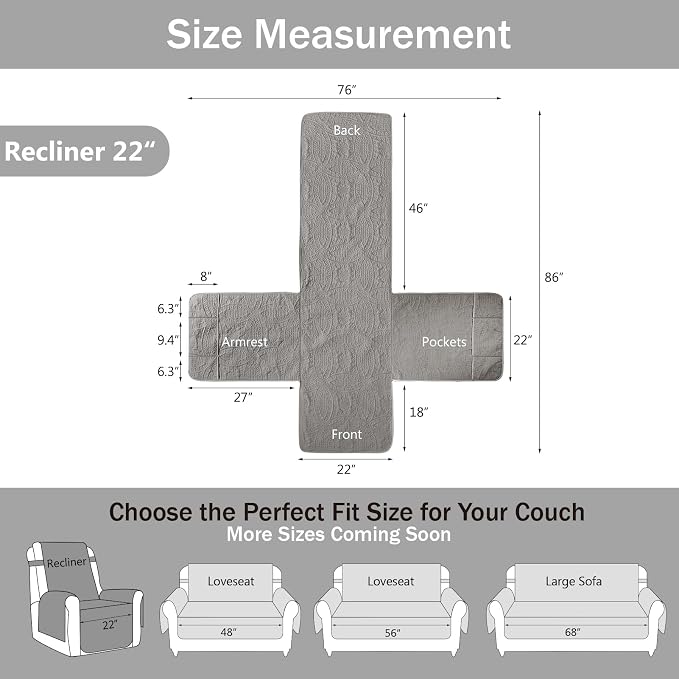 Quilted Recliner Chair Covers, Soft Lazy Boy Chair Covers, Water-Repellent Recliner Covers, Pet Friendly Chair Cover for Dogs Cats, Washable Sofa Protector (Recliner 22", Light Gray)