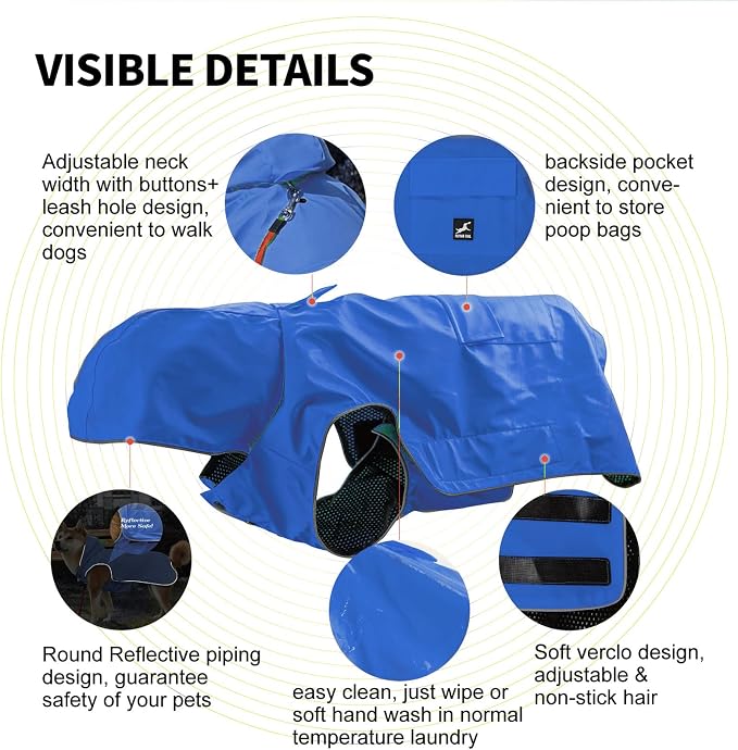 Easy Sporting Dog Raincoat with Soft Non-Stiff Fabric, Waterproof & Reflective Dog rain Jacket for High-Energy Dogs, Dog Poncho with Hood, Adjustable Neck, Belly Strap(Blue, XXX-Large)
