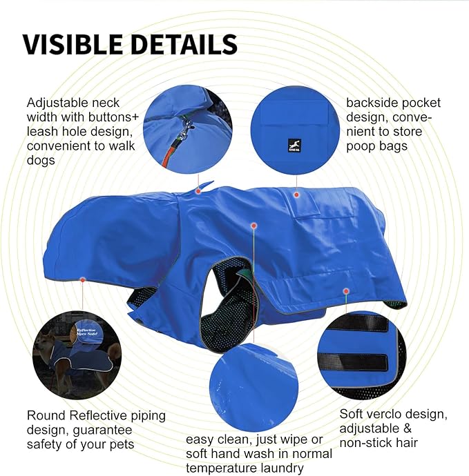 Non-Stiff Fabric Dog Raincoat, Easy Running, Hiking, Waterproof & Reflective Dog rain Jacket for High-Energy Dogs, Dog Poncho with Hood, Adjustable Neck, Belly Strap (Blue, XX-Large)