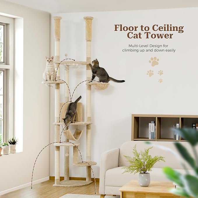 PETEPELA Floor to Ceiling Cat Tree, 92.9-101.6" Tall Cat Tower, Beige | Height-adjustable tension design with 5 sisal posts, cozy condo, spacious hammock, perches & anti-tip strap for indoor cats