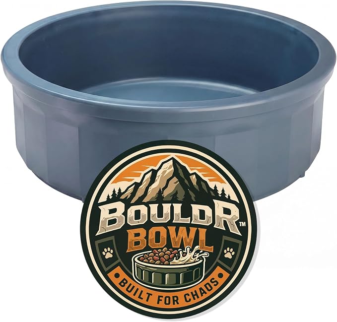 Pet Crock Bowl – Thick Durable Plastic Non-Tip Food & Water Dish for Dogs, Cats & Small Animals – Indoor/Outdoor – Chew Resistant, Easy Clean (Blue, Large 48oz)