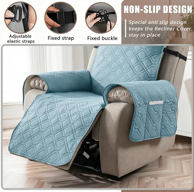 100% Waterproof Recliner Chair Cover, Non-Slip Washable Recliner Slipcover with Elastic Straps & Side Pocket, Stay in Place Furniture Protector for Dogs Cats Kids (Light Blue, 23)
