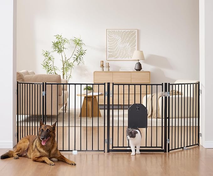 No Pawblems Full Metal Freestanding Dog Gate with Cat Door, 30" Tall | Foldable Pet Gate for Indoor/Outdoor, Zoned management, Dog Fence for Families with Multiple Pets, 104" Wide, 4 Panels, Black