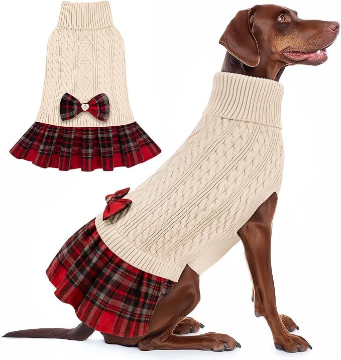 KYEESE Dog Sweater Dress Turtleneck Thick Knit Pullover for Cold Weather | Stretchy Fit, Lightweight & Warm, Cozy Knit Comfort, Cute Bow Accent, Gentle on Sensitive Skin, Comfortable Daily Wear