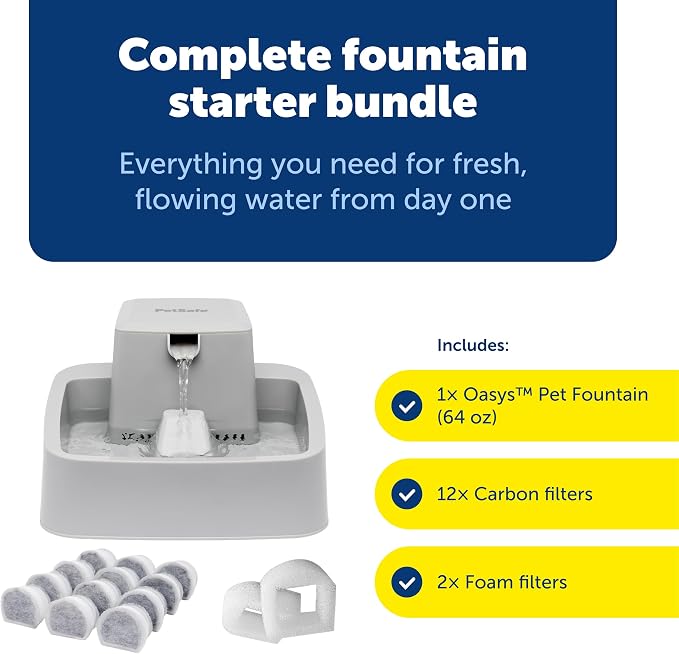 PetSafe Oasys Pet Fountain, 1/2 Gallon, Cats & Small Dogs, Extra Filters | Adjustable Flow Control, Whisker-Friendly Tray, Extra 12-Pack Replaceable Carbon & 2-Pack Foam Filters Included