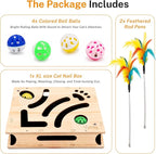 Cat Nail File Box – XL Wooden Cat Scratch Box with Built-in Nail Filing Pad, Interactive Puzzle Toy with 4 Bell Balls & 2 Feather Teasers, Claw Saver Box for Indoor Cats & Kittens