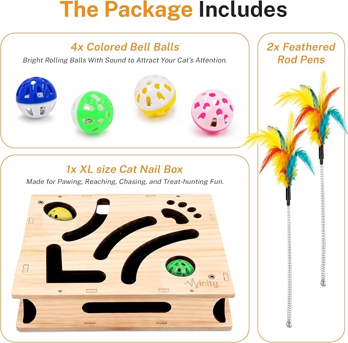 Cat Nail File Box – XL Wooden Cat Scratch Box with Built-in Nail Filing Pad, Interactive Puzzle Toy with 4 Bell Balls & 2 Feather Teasers, Claw Saver Box for Indoor Cats & Kittens