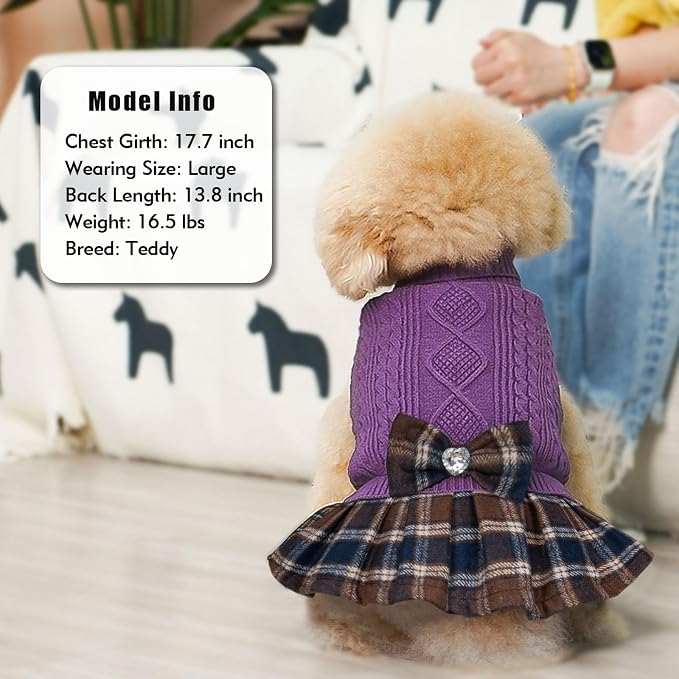 KYEESE Dog Sweater Dress Turtleneck Thick Knit Pullover for Cold Weather | Stretchy Fit, Lightweight & Warm, Cozy Knit Comfort, Cute Bow Accent, Gentle on Sensitive Skin, Comfortable Daily Wear