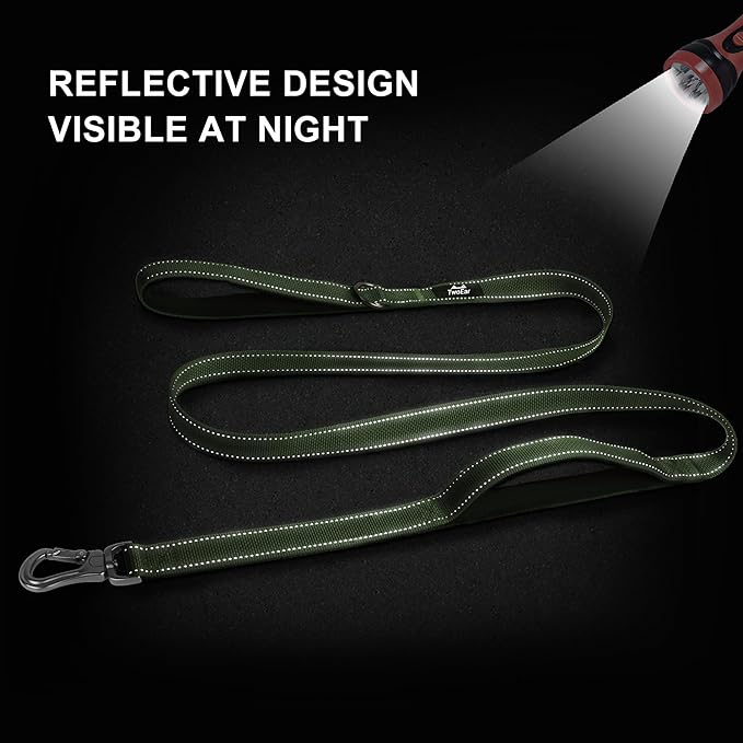 Twoear 6FT 1IN Heavy Duty Dog Leash for Large Dogs with 2 Padded Handles | Traffic Handle Extra Control, Auto Lock Hook, Strong Reflective Walking Leash for Night Safety, Medium and Large Breeds,Green