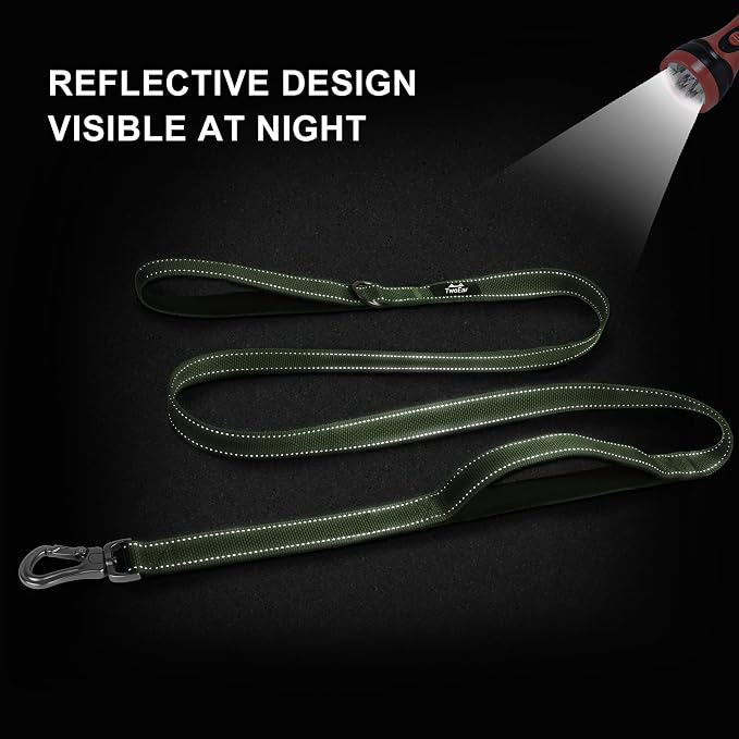 TwoEar 6FT 1IN Strong Green Dog Leash with 2 Padded Handles, Traffic Handle Extra Control, Comfortable Soft Dual Handle, Auto Lock Hook, Reflective Walking Lead for Small Medium and Large Dogs