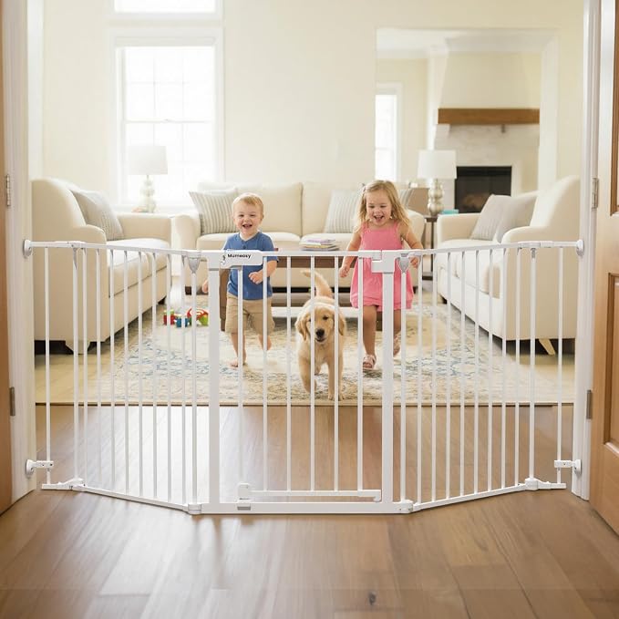 Mumeasy 80" Extra Wide Baby Gate for Doorways & Stairs, Dog Gate Indoor | Hardware Mounted Pet Gate, Auto Close Walk Thru Door, Large Child Safety Fence for Outdoor, Deck, Yard, 3 Metal Panels, White