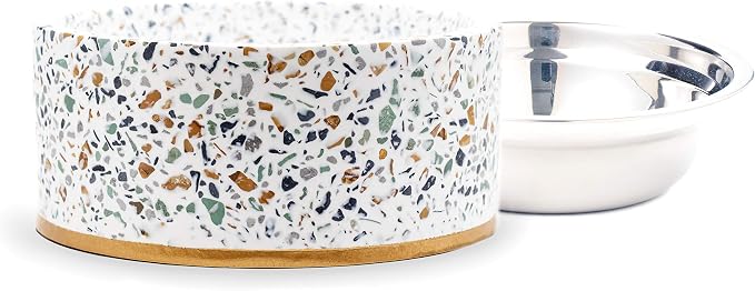 Terrazzo Single Elevated Pet Bowl Stand, Small, White | Removable Stainless Steel 16oz Inner Bowl, For Small Dog Breed or Cat, Raised Food or Water Station