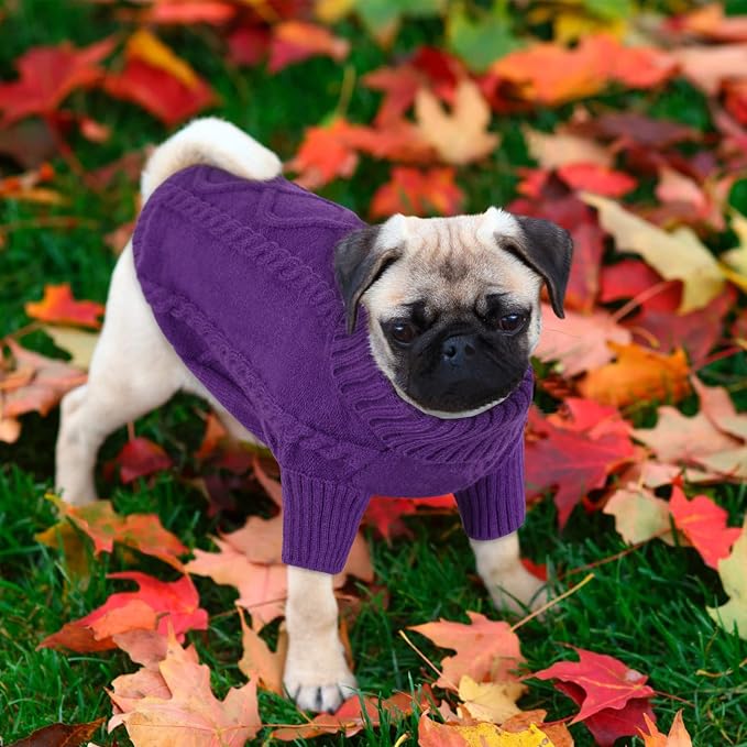 Queenmore Small Dog Pullover Sweater, Cold Weather Cable Knitwear, Classic Turtleneck Thick Warm Clothes for Chihuahua, Bulldog, Dachshund, Pug (Purple, X-Large)