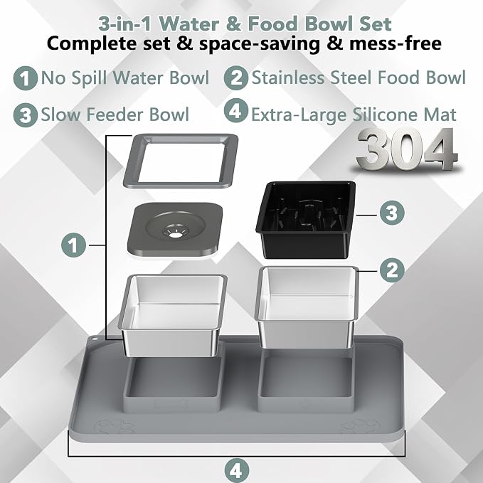 Dog Bowl Set, No Spill Dog Water and Food Bowl with Slow Feeder | Large Capacity 304 Stainless Steel Bowls, 3-In-1 Set, Slows Drinking, Anti-Slip Mat, Easy to Clean, Home/Travel, 6-7 Cups