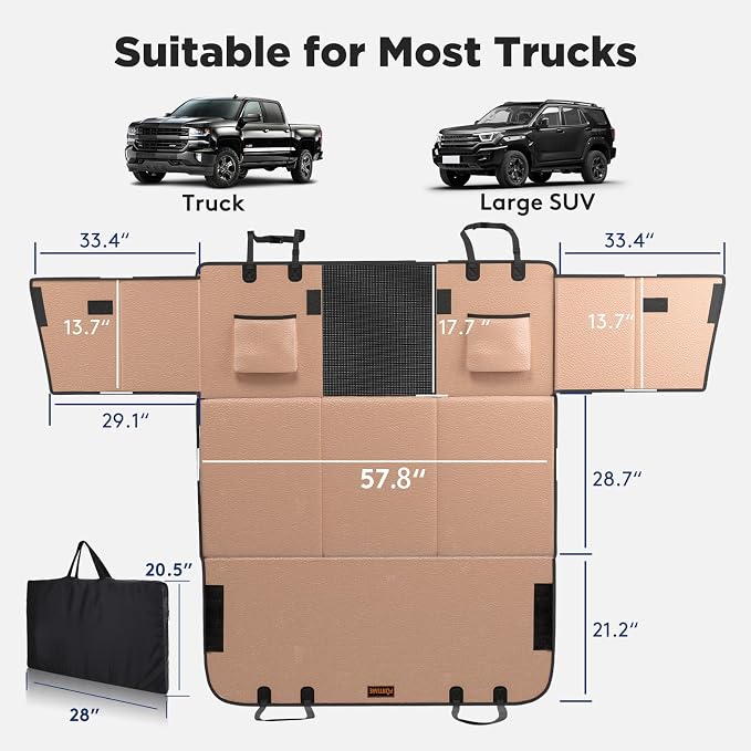 FURTIME XL Back Seat Extender for Dogs, Hard Bottom Dog Car Seat Cover for Truck Back Seat, Upgraded PU Leather Waterproof Anti-Scratch, Large Space Back Seat Cover for Full Size Truck SUV, Brown