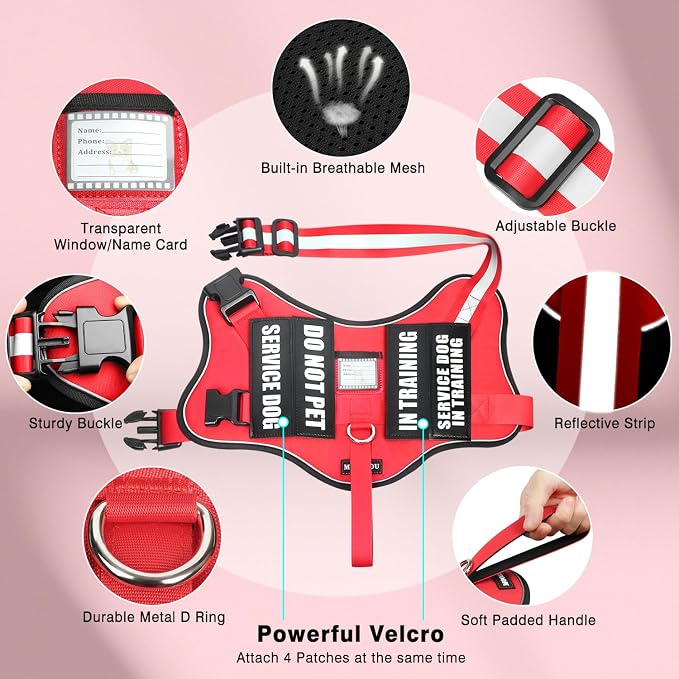 Service Dog Vest Harness and Leash Set+10 Patches,No Pull&Adjustable Reflective Dog Harness with Soft Padded Handle for Training/Everyday,Fit Small/Medium/Large/Extra-Large Dogs(Red XL) | No Pull&Adjustable Reflective Service Dog Harness Large Sized,Do...