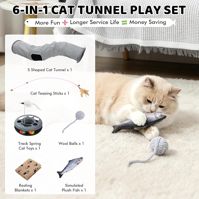 Cat Tunnels for Indoor Cats, 6-in-1 Collapsible Crinkle Play Tunnel | Interactive Roller Track Ball, Cat Enrichment Toy for Kittens Rabbits, Exercise Hide & Seek Tube for Indoor Outdoor Play