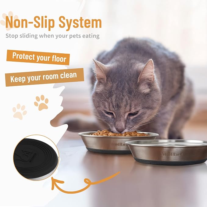 Cat Bowls, 6 Pcs Stainless Steel Bowls for Food and Water, Whisker Fatigue Shallow Non-Slip Cat Dishes Plates for Small Dog Puppies Cats