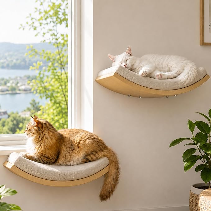 Cat Wall Shelf with Curved Hammock Bed, Wall Mounted Cat Perch | Space-Saving, Floating Cat Wall Bed with Beige Soft Cushion, Wall-Mounted Cat Furniture for All Cat Breeds Sleeping & Playing