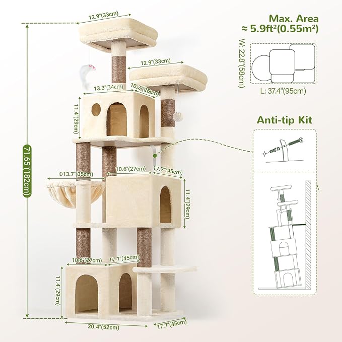 Globlazer F71 Cat Tree Tall, 71in Cat Tower for Indoor Cats, Beige | Multi-Level 3 Condos for Indoor Cats, XL Cat Tree Tower with Scratching Posts, Soft Extra Large Hanging Basket