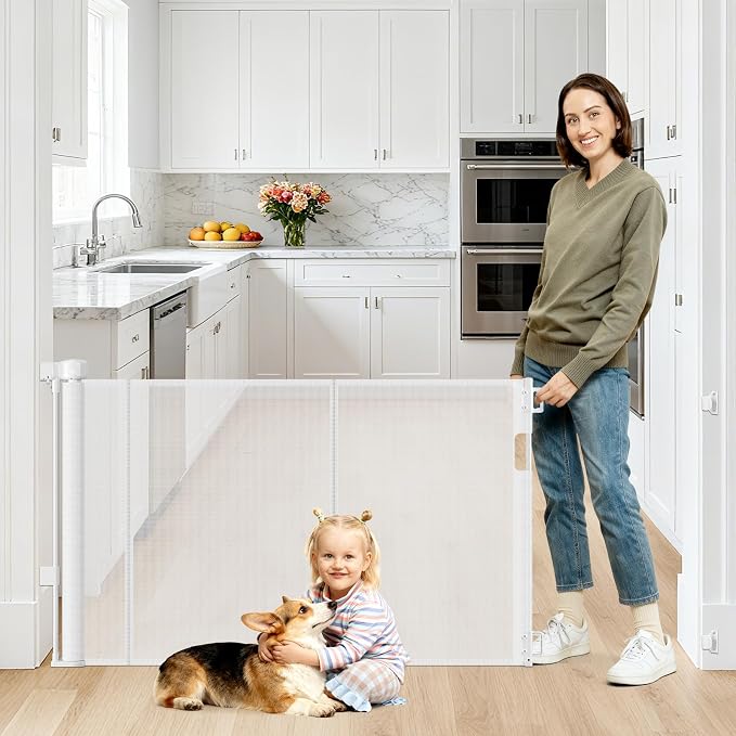 2 Pack Reinforced 55" Wide Retractable Baby Gates for Doorways to Prevent Crawling Under, Outdoor Retractable Gate, Mesh Child Safety Gates for Toddlers, Indoor/Outdoor Baby Gate for Deck/Porch/Patio