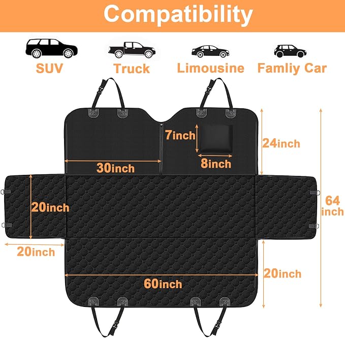 Mancro Dog Car Seat Cover, Waterproof Back Seat Pet Cover for Dogs, Black | X-Large, 600D Heavy Duty & Scratch-Resistant Back Seat Pet Cover for Dogs, Nonslip Underside, Fits for Sedan, Trucks and SUVs
