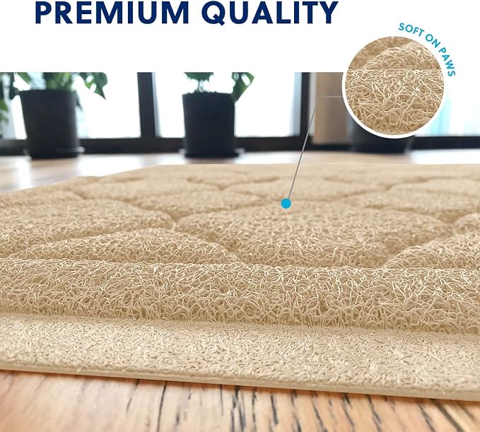 Cat Litter Box Mat, Kitty Premium PVC Pad, Durable Trapping Rug, Phthalate Free, Urine-Resistant, Scatter Control, L 35 x 23 Inch, Beige